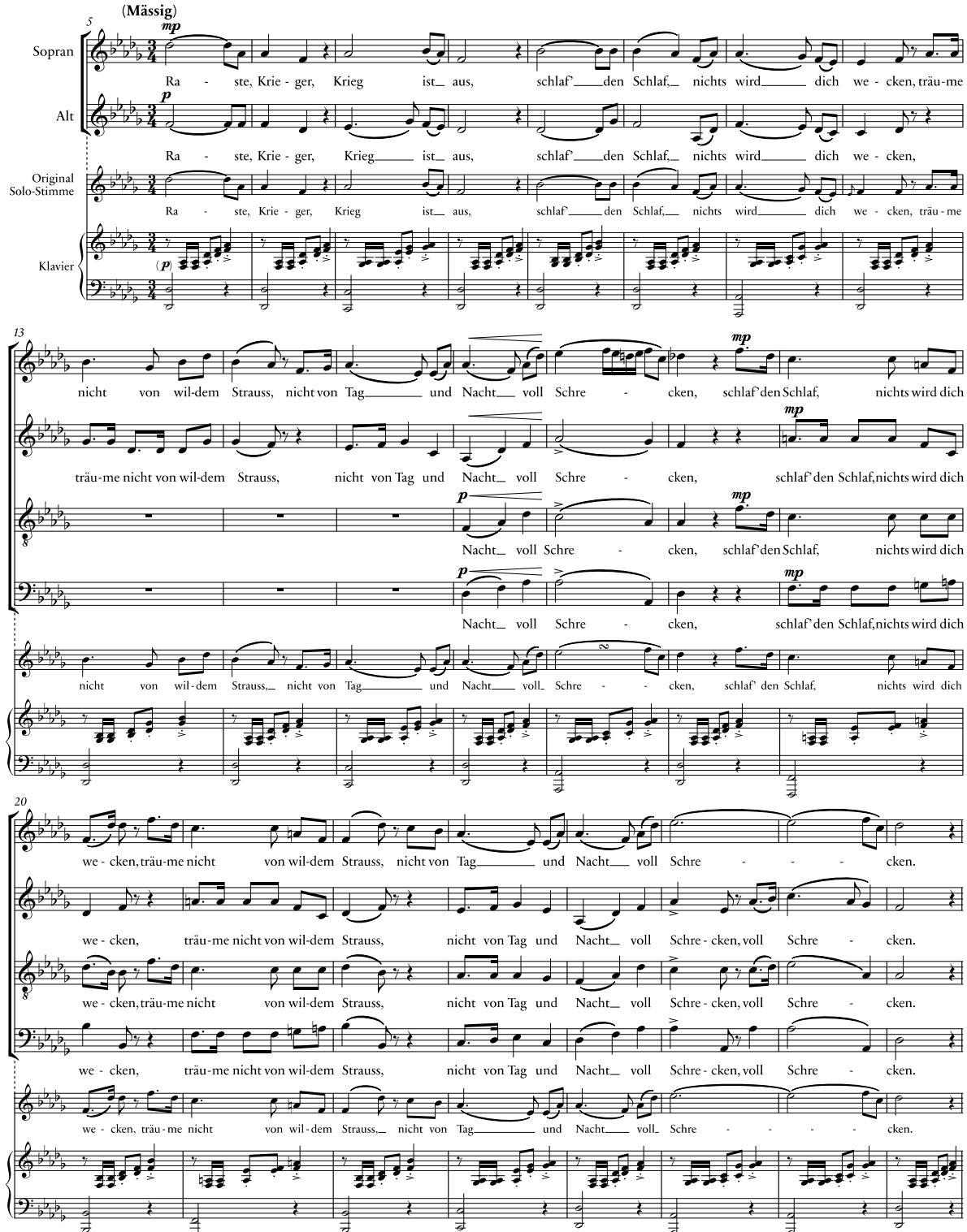 Beispiel 9: Schubert, Fräulein am See Op. 52, Nr. 1: »Ellens Gesang I«, D 837, T. 5–27. Chorsatz (oben) und originale Vorlage