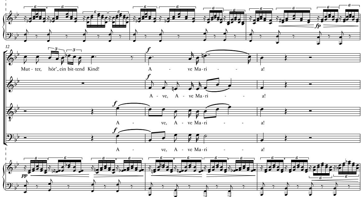 Beispiel 11: Schubert, Fräulein am See Op. 52, Nr. 6: »Ellens Gesang III«, D 839, T. 4–9. Chorsatz (Bearbeitung) kombiniert mit der originalen Klavierbegleitung 104 | ZGMTH 21/1 (2024)