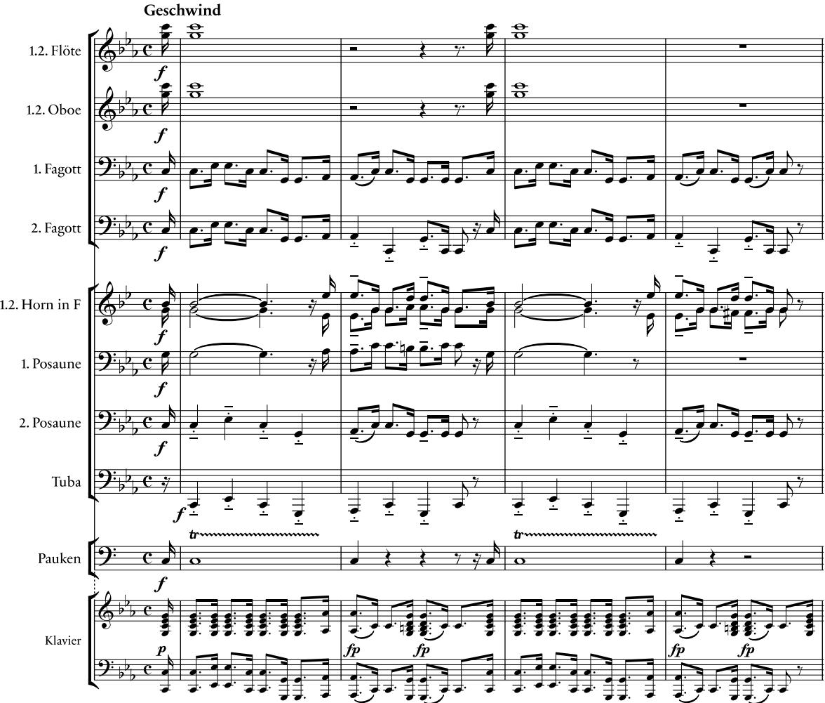 Beispiel 13: Schubert, Fräulein am See Op. 52, Nr. 5: »Normans Gesang«, D 846, T. 1–4. Arrangement und Klaviersatz (Vorlage)