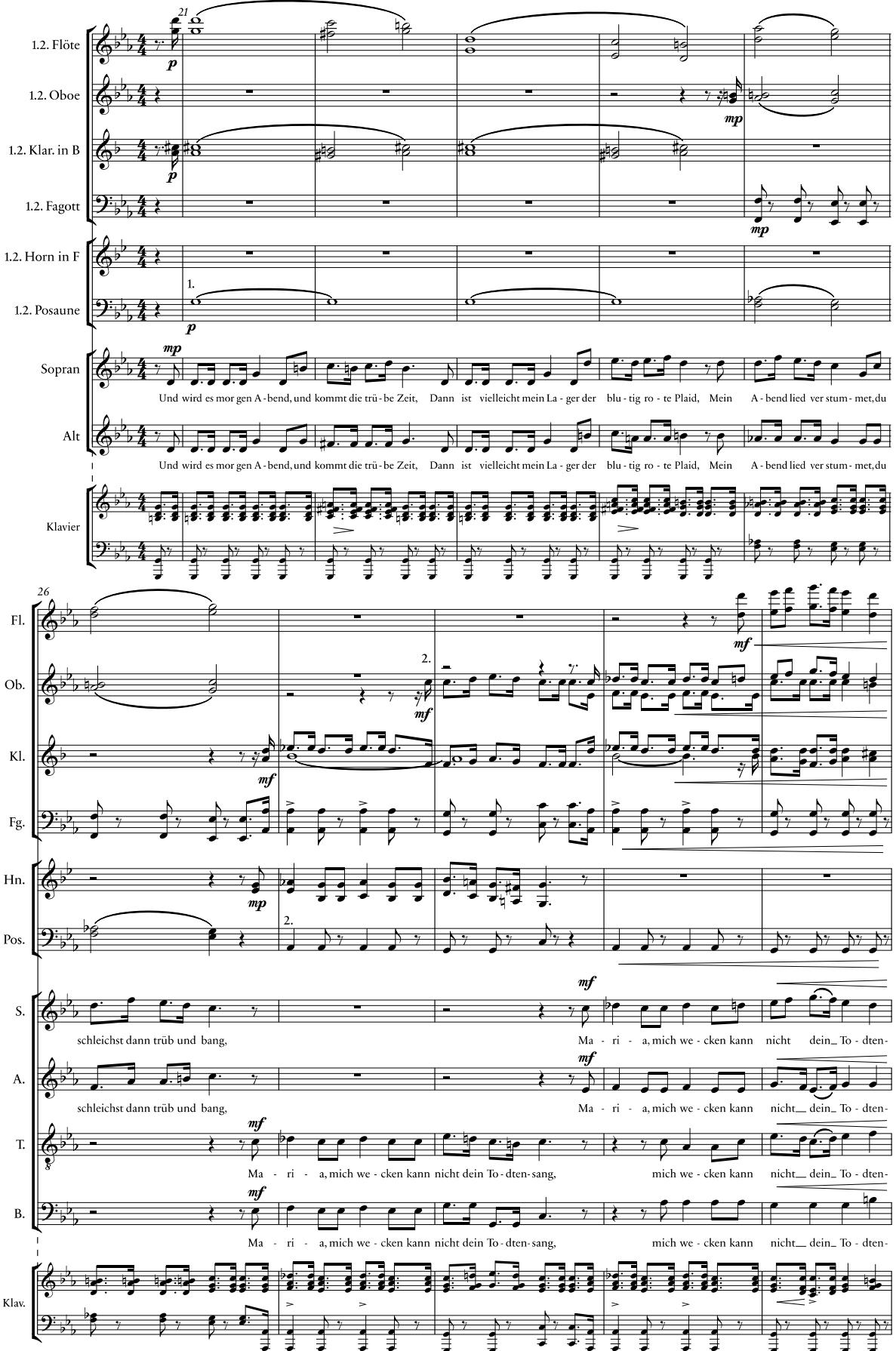 Beispiel 14: Schubert, Fräulein am See Op. 52, Nr. 5: »Normans Gesang«, D 846, T. 22–31. Arrangement und Klaviersatz (Vorlage)