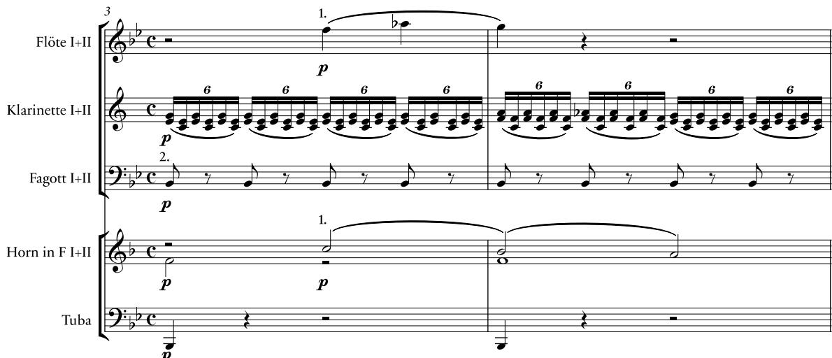 Beispiel 15b: Schubert, Fräulein am See Op. 52, Nr. 6: »Ellens Gesang III«, D 839, T. 3–4. Bläsersatz (Arrangement)