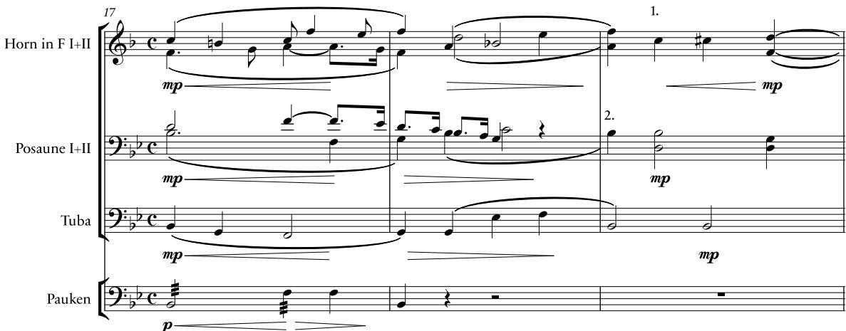 Beispiel 15c: Schubert, Fräulein am See Op. 52, Nr. 6: »Ellens Gesang III«, D 839, T. 17–19. Bläsersatz (Arrangement)
