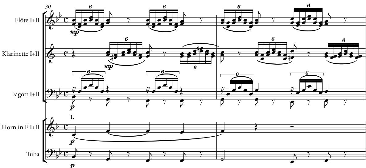 Beispiel 15d: Schubert, Fräulein am See Op. 52, Nr. 6: »Ellens Gesang III«, D 839, T. 30–31. Bläsersatz (Arrangement)