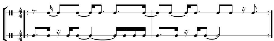 Beispiel 14: Rhythmen der Voicings und der Bassdrum im Intro；Beispiel 15: Rhythmen der Voicings und der Basslinie zum Strophenbeginn