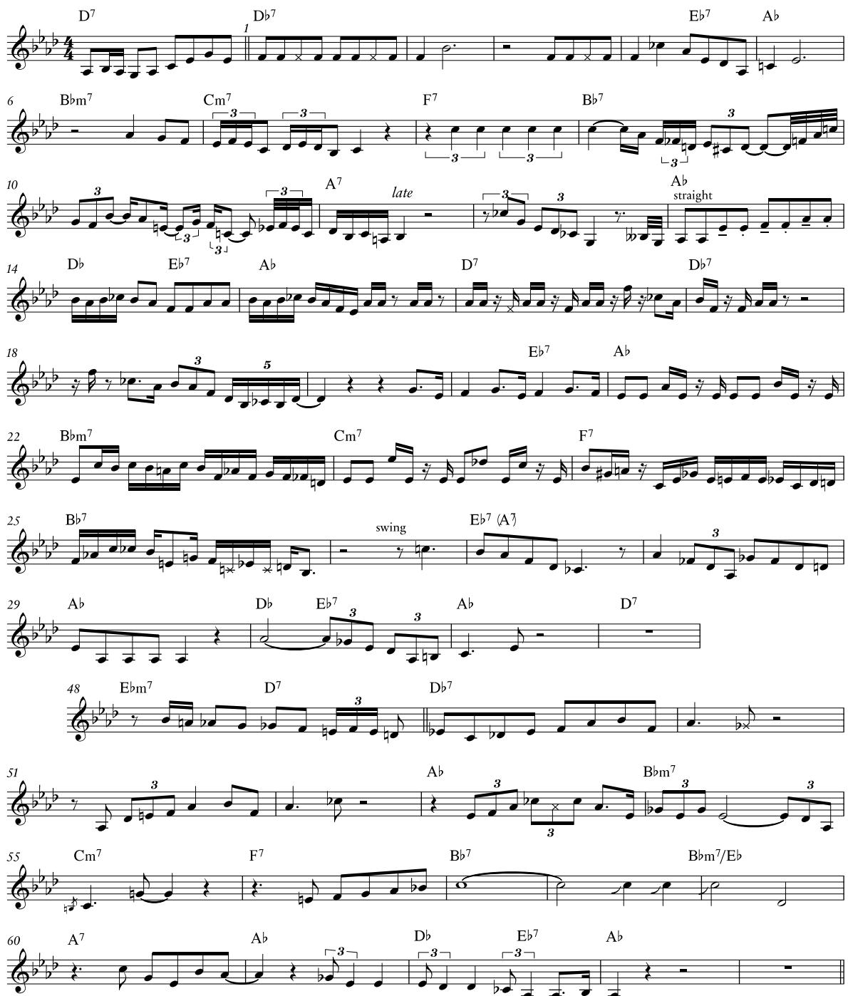 Example 4: Transcription of Clifford Brown’s solo, mm.1–32 (starting ± 2:40) and mm.48–64 (starting ± 4:20)