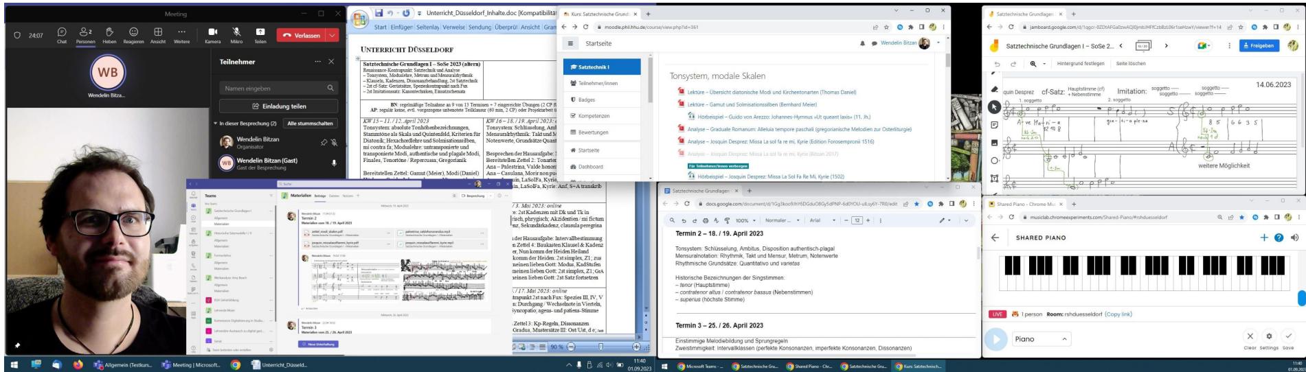 Figure 2: Dual screen setup for strategy A, with primary screen on the left (video conferencing software, conceptual notes) and shared secondary screen on the righ (learning management system, collaborative documents, and virtual keyboard)