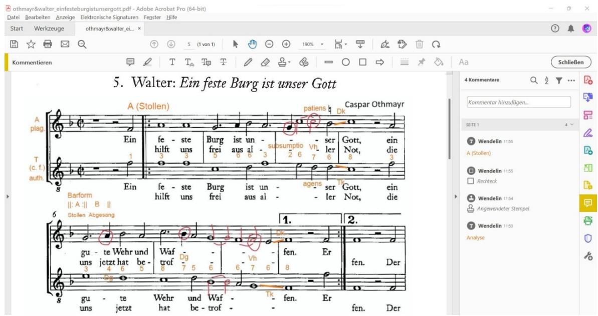 Figure 5: Screenshot from Adobe Acrobat while live-editing a PDF score with analytical annotations (source: Daniel, Thomas. 1997. Kontrapunkt. Eine Satzlehre zur Vokalpolyphonie des 16. Jahrhunderts, Notenbeiheft. Cologne: Dohr)
