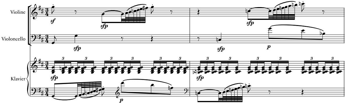 Beispiel 2b: Beethoven, 2. Sinfonie, 1. Satz, T. 17–18. Bearbeitung für Klaviertrio