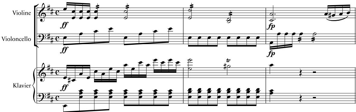 Beispiel 3b: Beethoven, 2. Sinfonie, 1. Satz, T. 110–112. Bearbeitung für Klaviertrio