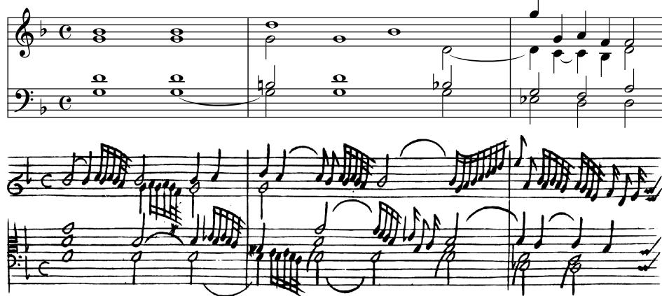 Beispiel 1: Girolamo Frescobaldi, Primo libro di toccate, Toccata Prima (S.1, T.1–3). Original (unten) und Gerüst (oben)