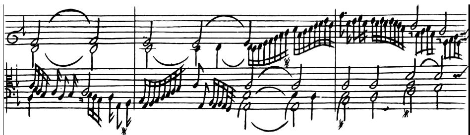 Beispiel 2: Girolamo Frescobaldi, Primo libro di toccate, Toccata Prima (S.1, T.3–5). Original (unten) und Gerüst (oben)