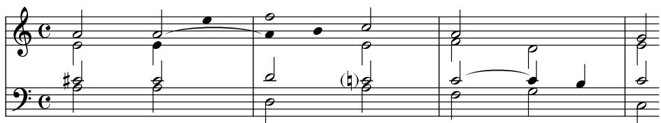 Gerüst der Version von G. Frescobaldi；Beispiel 3: Vergleich des Madrigals Ancidetemi pur von Jacques Arcadelt (oben) mit der Passaggiato-Version von Frescobaldi (Mitte) und ihrer Gerüststruktur (unten)