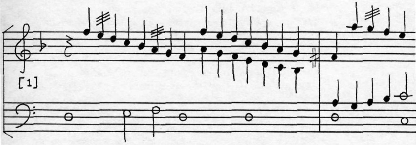 1591 - c1650；A gap exists between the sources dating from around 1570 and the next source of English keyboard music, My Ladye Nevells Booke, which is dated 1591. Although the single stroke continued to be used as a correction sign, correction ceased to be its primary function; and, whereas in the Mulliner Book and the Dublin Virginal Book the sign was used only in combination with at least one other single stroke to indicate embellishment, in Nevell and later sources it functions as a grace sign in its own right. $^{9}$ It would appear that the signs were positioned in accordance with a recognized convention. They are drawn through the stems of minims and notes of lower value. On breves and semibreves the signs are placed either above or below the notes, depending on the context (a sign gracing a note in the higher or highest part notated on the staff would be placed in superscript position, one gracing a note in the lower or lowest part in subscript position), or may be drawn through the note-heads. Positioning at variance with this convention can sometimes be attributed to careless copying or lack of space. Nevertheless, positioning which is unusual may be applied in such a way, or with a degree of consistency, which suggests that some special meaning may attach to it. In addition, there are in certain sources unusual signs which appear to relate to embellishment.