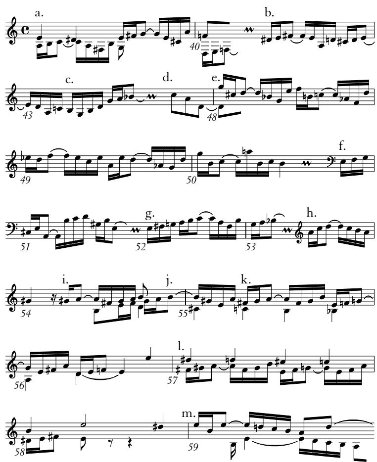 Example 18；Bars ${ 3 6 - 3 8 } \cdot$ The rhythmic transition here is very striking. When the sixteenth-note motion tapers of into quarters (articulated as a heavy staccato) there is a feeling of uncertainty that deepens with the slack appoggiatura D–C (not D–C♯) in the alto. The cadence seems unsure of its own finality, as though sensing