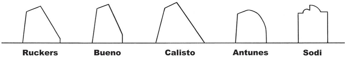 5 Cross-sections of bridges (left to right) by Andreas Ruckers (Antwerp, 1607), Joseph Bueno (Valladolid, 1712), José Calisto (Portugal, 1780), Manuel Antunes (Lisbon, 1767) and Vincenzio Sodi (Florence, 1782; similar to the bridges of Cristofori and Ferrini); the bar is 10 mm long (all the instruments except the Bueno are in the National Music Museum, Vermillion, SD; drawing by the author)
