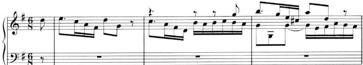 Example 3. Gigue, Partita in G Major, BWV 829, mm. 1–8.