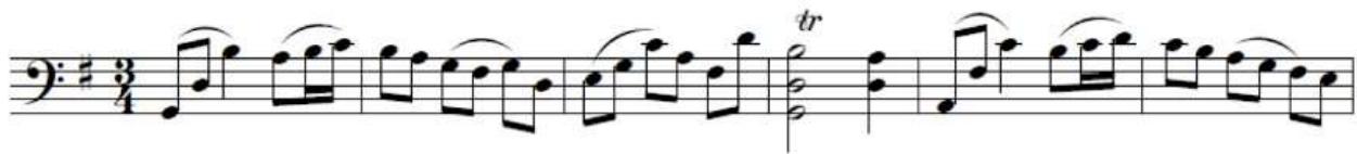 Example 28. The author’s interpretation highlighting Motive A in Menuet I, mm. 1–8, as well as the three-note opening gesture from the Prelude