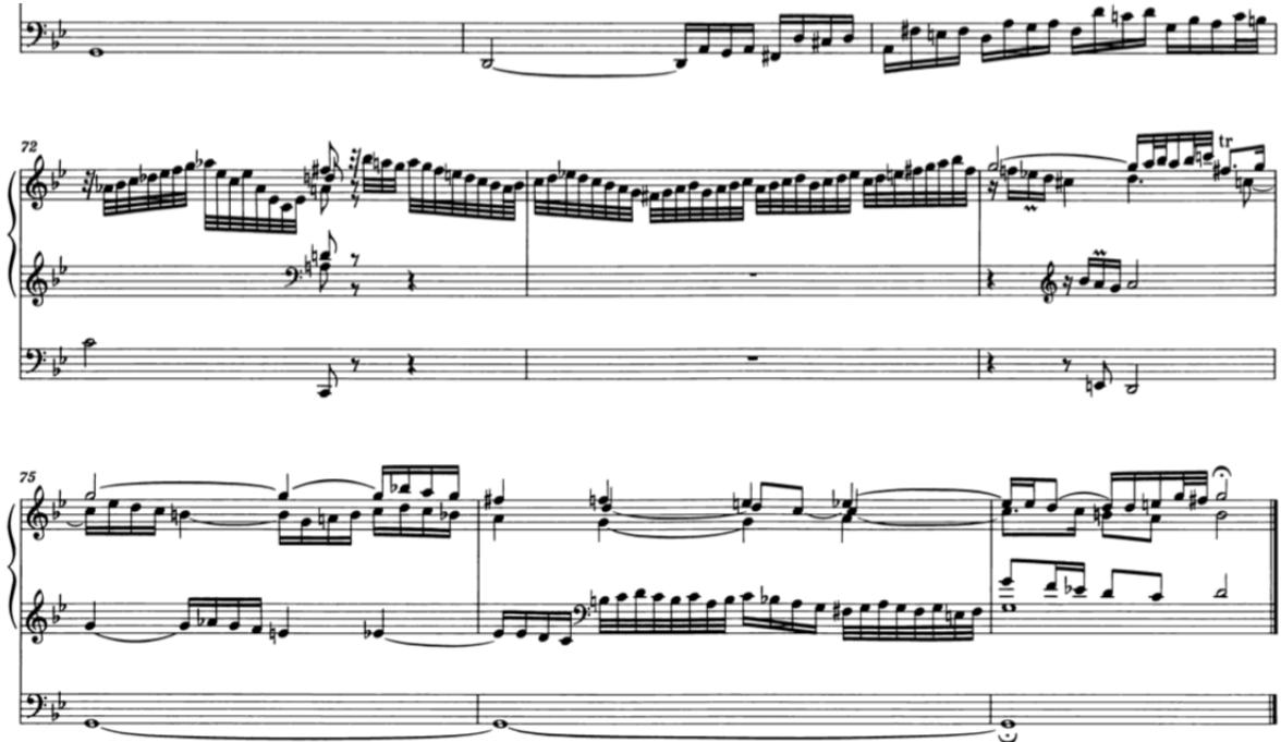 Figure 31 – Bach, Prélude et fugue en sol mineur, BWV 535, mes. 70-77.