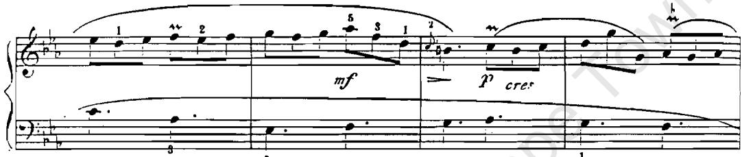 Example 2c: D. Scarlatti, Sonata, K. 174, bb. 4–7: (mordents)