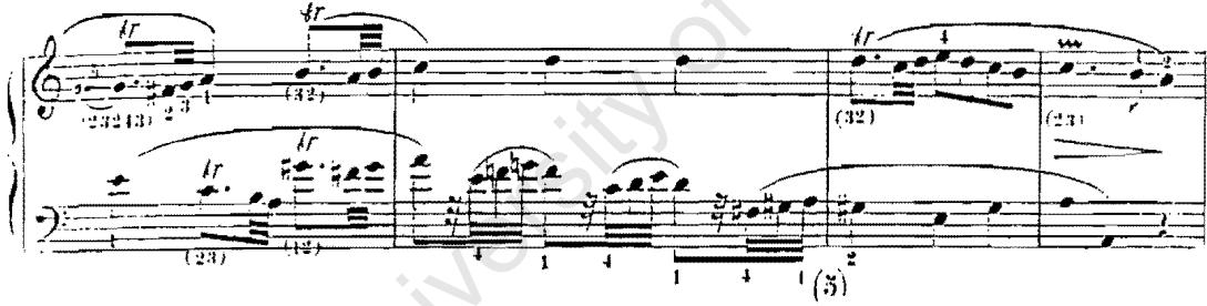 Example 3: D. Scarlatti, Sonata, K. 217, bb. 3–6: (French style)；Scarlatti&rsquo;s sonatas of the faster variety often use syncopations (ex. 4a) and hemiolas (ex. 4b), and both composers use syncopations in conjunction with other rhythmical groupings: