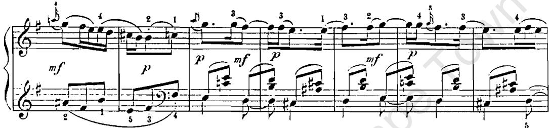 Example 4b: D. Scarlatti, Sonata, K. 233, bb. 57–63: (hemiolas)；Soler uses syncopations at times in a melodic and harmonic context (ex. 5a) and he also employs different rhythmic patterns over a short space of four bars, a characteristic of eighteenth-century chamber music (ex. 5b) (Heimes, 1965:162):