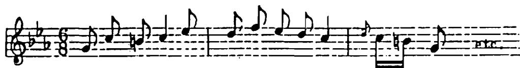 Example 8b: A. Soler, Sonata, R. 21, bb. 16 - 19: (charrada)；An obviously dance-like pattern of 6/8 is used in the Allegro pastoril (ex. 9), which is derived from the sardana, one of the most popular dance rhythms from Catalonia. (Scarlatti also employs this popular Catalonian rhythm.)
