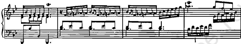 Example 15b: A. Soler, Sonata, R. 19, bb. 24–27: (Semitic chanting)；The idiomatic writing found in these composers&rsquo; sonatas is a direct result of the music which was performed at the Spanish court, and it include imitations of bells and trumpets used in fanfares for royal processions, horn calls (ex. 16a), fireworks at Aranjuez (ex. 16b), and castanets (ex. 16c). It also reflects the repeated notes, arpeggios and dissonances of guitar playing (ex. 16d), as well as pedal points (ex. 16e):