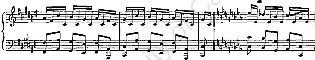 Example 19: A. Soler, Sonata, R. 79, bb. 13 - 15: (octaves)；Allegro；Soler combined complex patterns to synchronise both hands (ex. 20):