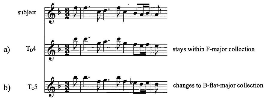 Example 2.3. Diatonic and chromatic transposition; Courante, English Suite in F major