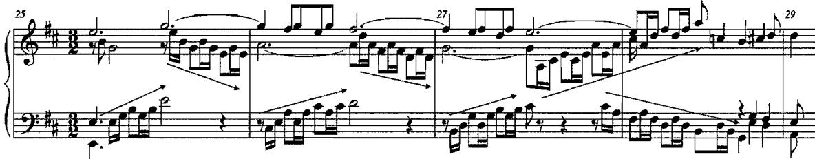 Example 3.16. Sequence and inversion; D-major Courante, mm. 25-29
