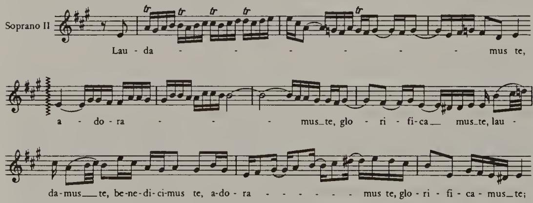 Example 2.9. BWV 232/6, &ldquo;Laudamus te,&rdquo; mm. 12–26: Soprano II (after NBA II/1)；And it has been shown most recently that the flute theme of the &ldquo;Domine Deus&rdquo; (Ex. 2.10a) was almost certainly meant to be rendered in the popular &ldquo;Lombard&rdquo; rhythm of the style galant (Ex. 2.10b). $^{55}$