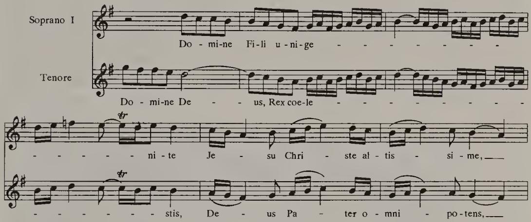 Example 2.11. BWV 232/8, &ldquo;Domine Deus,&rdquo; mm. 17-22: Soprano I, Tenore (after NBA II/1)