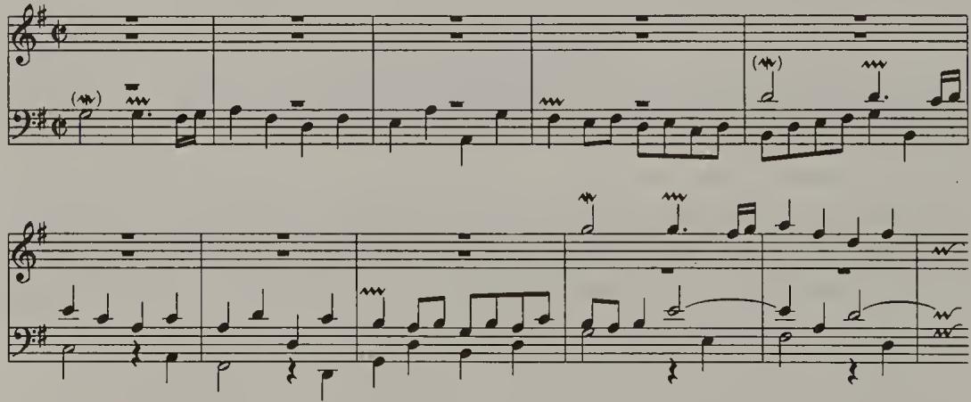 Example 2.14. BWV 988, variation 10: &ldquo;Fughetta&rdquo; (after Kirkpatrick)；The pattern is inverted in the second half of the variation with entrances every four measures in the order: soprano, alto, bass, tenor. $^{73}$