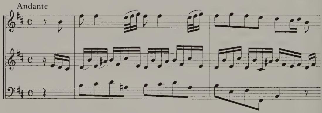 Example 12.4. BWV 1030/1, mm. 1–2；The B-minor Sonata is exceptionally demanding. The presto fugue with the breakneck gigue conclusion, in particular, is a tour de force of technical virtuosity. The inordinate difficulty of this movement, along with the fact (touched upon earlier) that Bach&rsquo;s connections with Dresden had increased considerably during the 1730s and indeed culminated in November 1736 with his receiving the title of Composer to the Royal Court Chapel, suggest that Bach prepared the final version of his