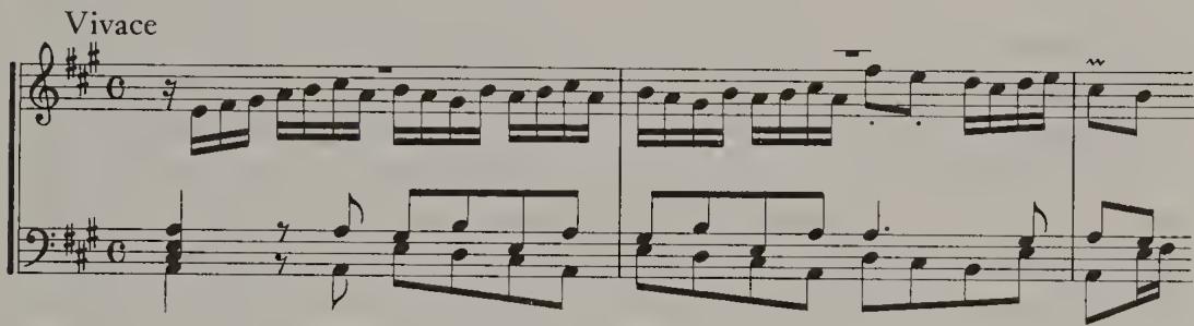 Example 12.6. BWV 1032/1, mm. 1–3；that the theme also bears a strong resemblance to the opening of the aria, &ldquo;Halleluia, Stärk&rsquo; und Macht,&rdquo; from Cantata No. 29, Wir danken dir, Gott, a work composed for 28 August 1731, that is, at just about the date suggested above for the challenged Sonata in E Flat major, BWV 1031 (Ex. 12.7). $^{80}$