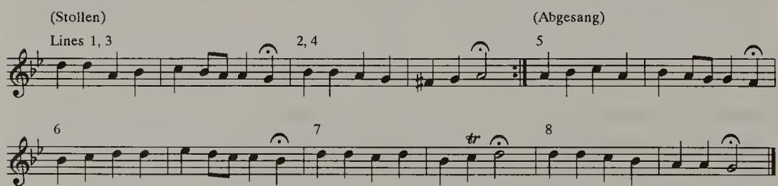 Example 4.2. Chorale melody: Jesu, der du meine Seele；Both the Barform and the cantus-firmus technique can be traced back to the Middle Ages: the Barform is found in the courtly love