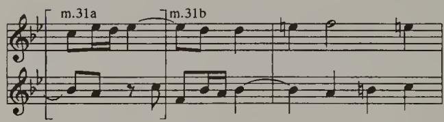 Example 7.5. Movement 1, mm. 31–32: First reading (f. 2 $^{r}$ )