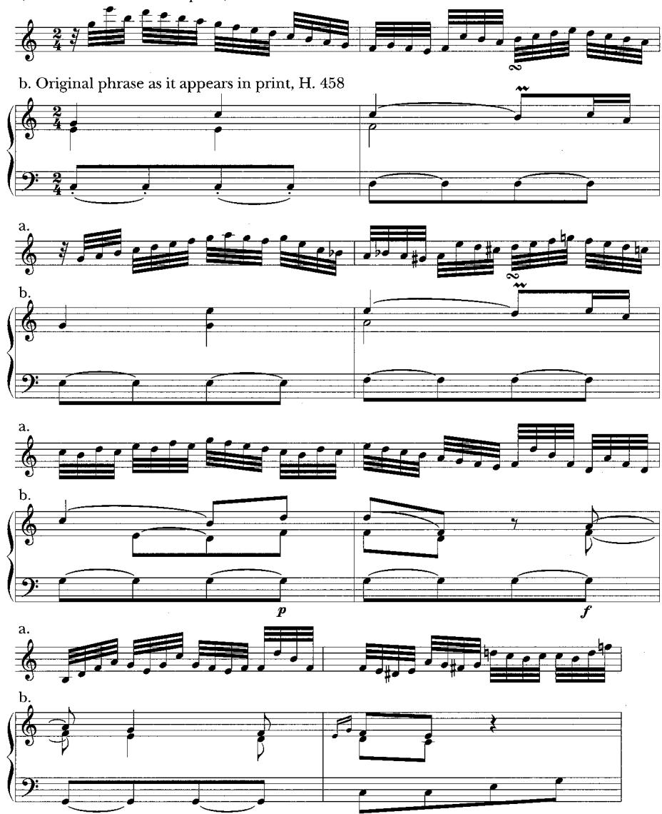 * In H. 460, the keyboard plays the figured bass line alone the first time, while the instrumental ensemble plays the simple version as given in H. 458. On the repeat the ensemble plays the unadorned version pianissimo.
