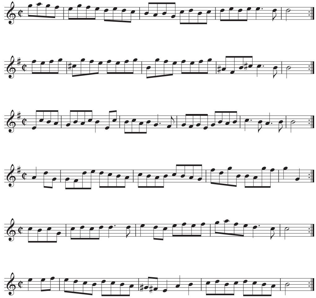 FIGURE 1. The six gavotte melodies used in the experiment. Each melody was played with repeat, in the three different tempo conditions.
