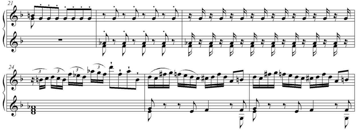 The first movement (Allegro) of Haydn’s Sonata Hob. 30 in A major is dramatically brought to a stop just before the end by what I will call for lack of a musicological term the ta-dá signal - one of those pervasive musical clichés that seem never to have got a name, a favorite also of Bach’s (as in the sonata Wq. 65/17)78. It announces a short recitativic formula, followed by a drawn-out arioso which serves as an openended middle movement. The way the transition is (on the basis of sequential harmony) melodically unified is remarkable: three ‘kinds of music’, the motoric hustle-and-bustle, the short recitative insert, and the subsequent sentimental cantilena follow a scalar outline over the main melody notes just exceeding an octave (mm 162-170: D-C#-B-A-G#-F#-E-D-C#). The cantilena (mm 165-183) is one of the more likely instances of Bach influence; 79 the sequence it includes (mm 175-180) is one of the most sentimental moments in Haydn (Example 7).