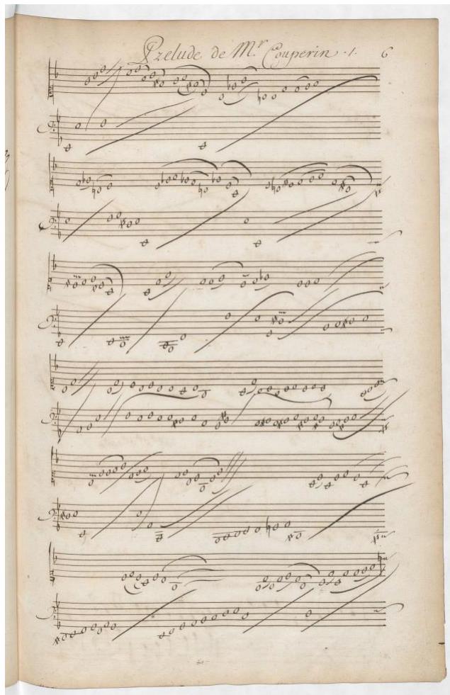 Figure 1. Bibliothèque nationale de France, Rés. Vm7 675, fol. 6r, Prelude de Mr. Couperin, opening. « Source gallica.bnf.fr / Bibliothèque nationale de France »