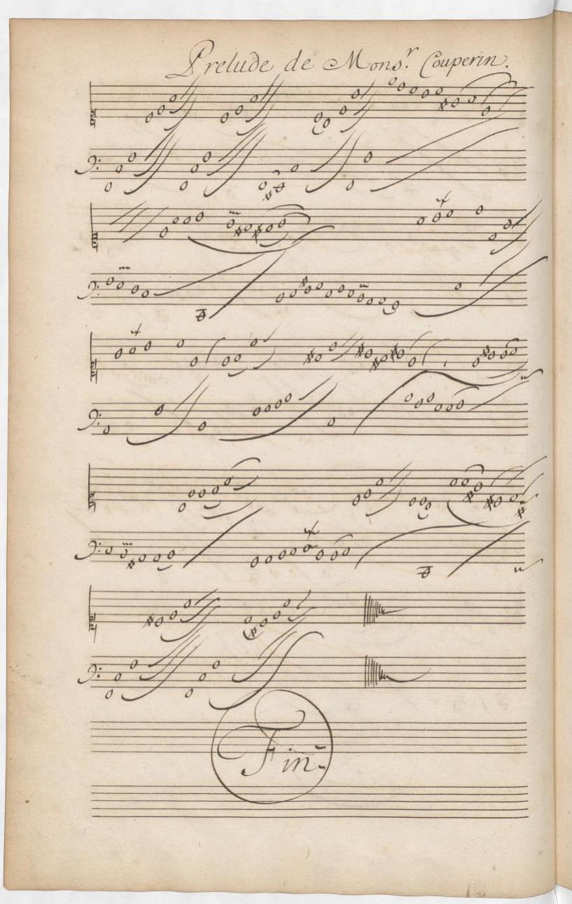Figure 3. Bibliothèque nationale de France, Rés. Vm7 675, fol. 12v, Prelude de Monsr. Couperin. « Source gallica.bnf.fr / Bibliothèque nationale de France »