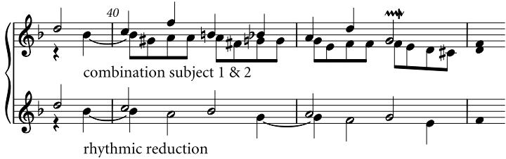 Example 10 Contrapunctus 8 (a) bars $3 9 ^ { 2 } { - } 4 2 ^ { 1 } .$ , combination of subjects 1 and 2 (b) rhythmic reduction