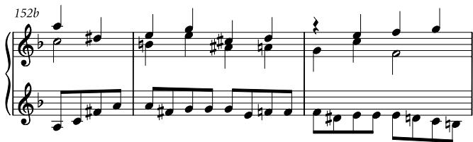 Example 14 Contrapunctus 8, bars $1 5 2 ^ { 2 } { \mathrm { - } } 1 5 4 $；Example 15 Contrapunctus 8 (a) bar 187 (b) rhythmic reduction