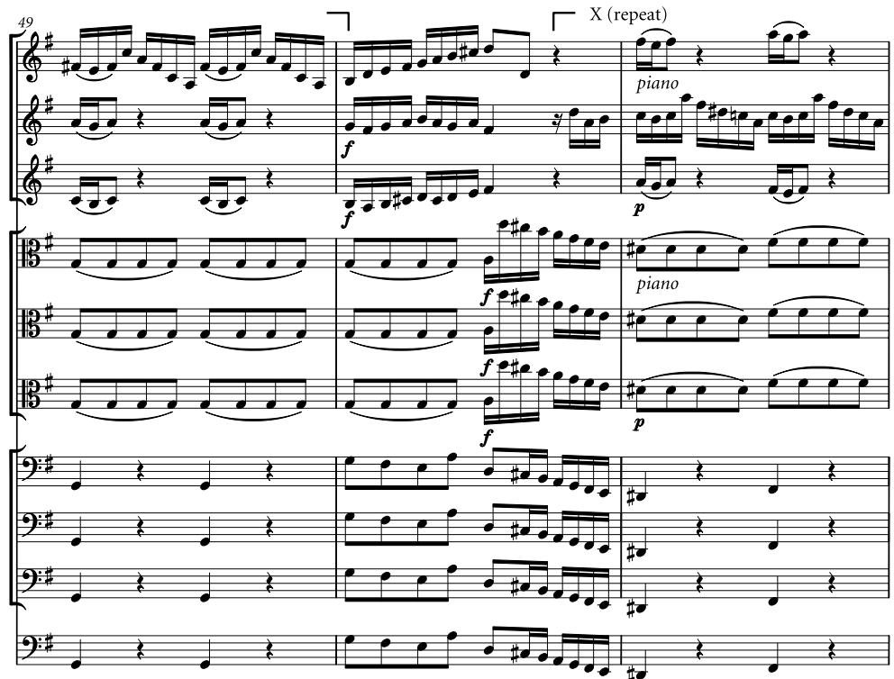 Example 2a ‘Brandenburg’ Concerto No. 3, BWV1048/i, bars 46–56 (Johann Sebastian Bach: Neue Ausgabe sämtlicher Werke, series 7, volume 2, Sechs Brandenburgische Konzerte, ed. Heinrich Besseler and Alfred Dürr (Kassel: Bärenreiter, 1956)). Used by permission