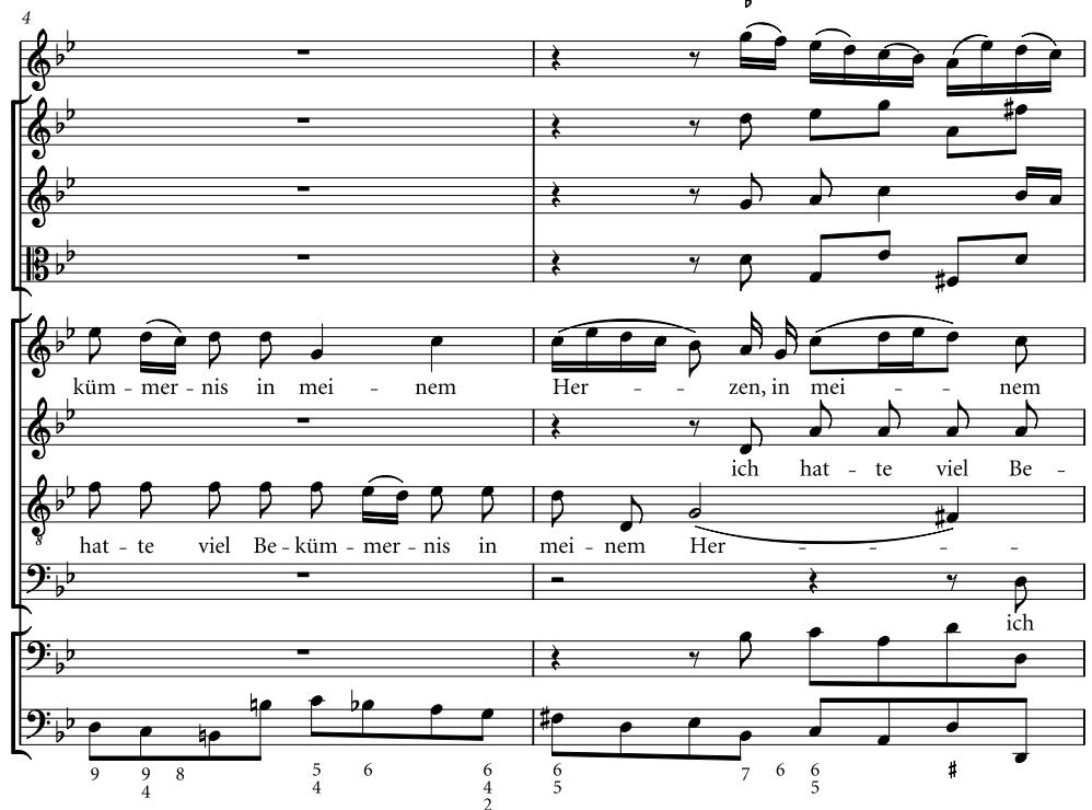 Example 4 Ich hatte viel Bekümmernis, BWV21/ii, chorus: ‘Ich hatte viel Bekümmernis’, bars 1–9 (Johann Sebastian Bach: Neue Ausgabe sämtlicher Werke, series 1, volume 16, Kantaten zum 2. und 3. Sonntag nach Trinitatis, ed. Robert Moreen, George Bozarth and Paul Brainard (Kassel: Bärenreiter, 1982)). Used by permission