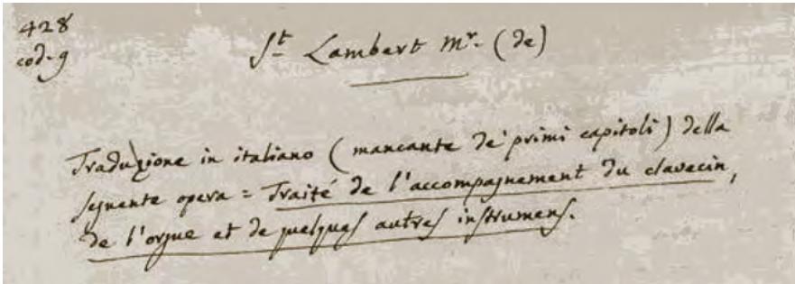 Figure10. De Saint Lambert, Italian translation of Traité de l ’accompagnement du clavecin (Bologna, Biblioteca del Liceo Musicale di Bologna, library No. MS. E39 Cod.9, title page)