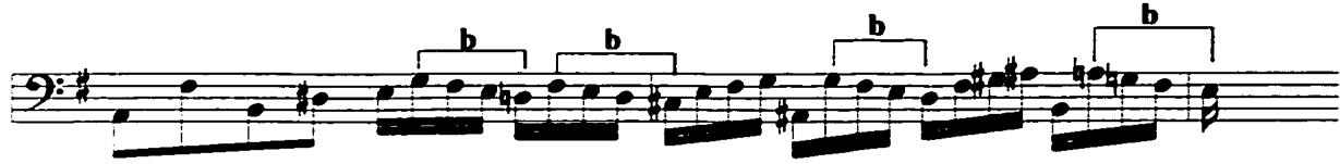 These two motives play a major role at many different levels throughout these two movements. First, motive b appears both consecutively and as an outline of the head notes in the descending sequence.