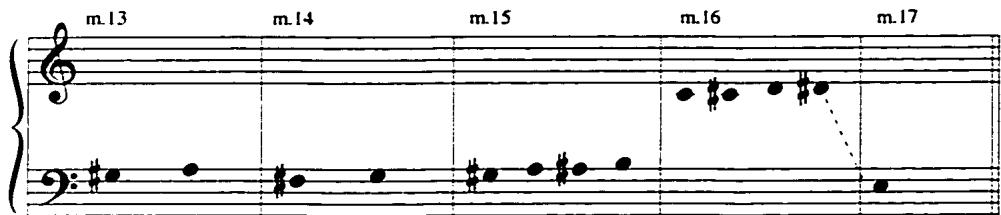 Example 10: Motive $a&rsquo;$ in the bass, Toccata, mm. 13-17.