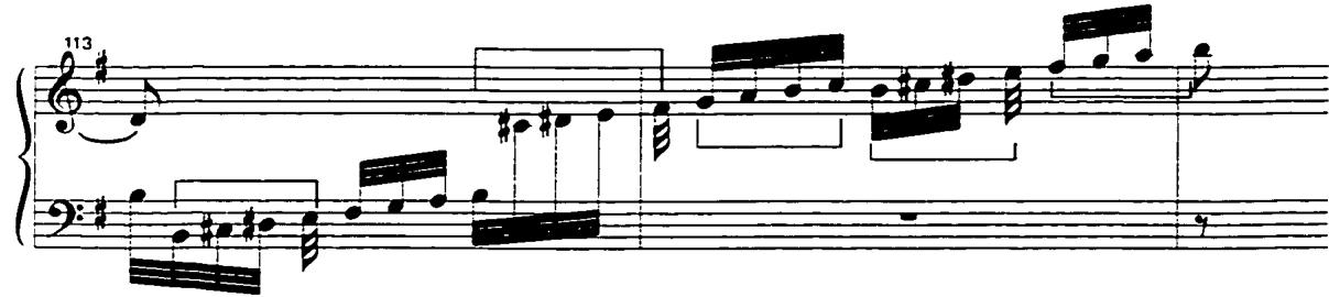 Example 19a: Motive b in altered forms, Corrente, mm. 16-17.；Example 19b: Motive b in altered forms, Corrente, mm. 113-115.